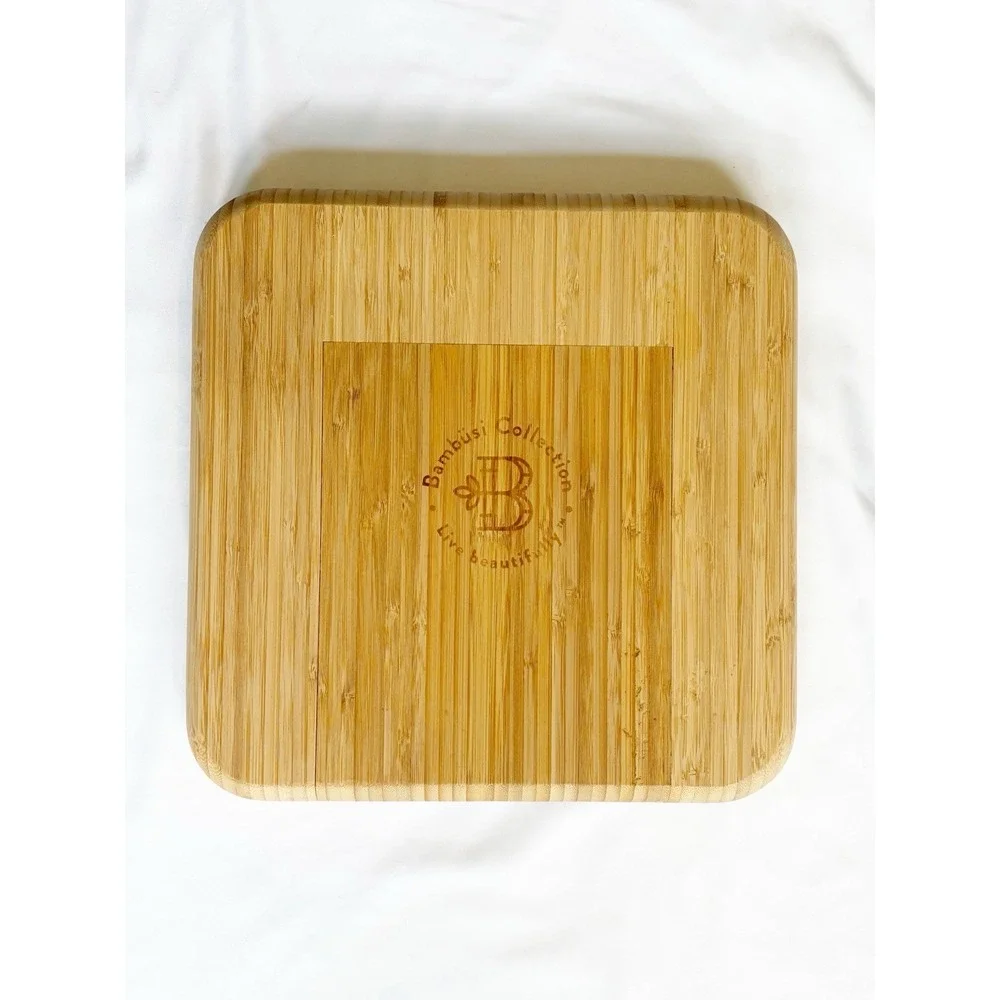 Bambusi Bamboo Cheese Board & Cutlery Set w/ Slide Out Drawer Six piece set